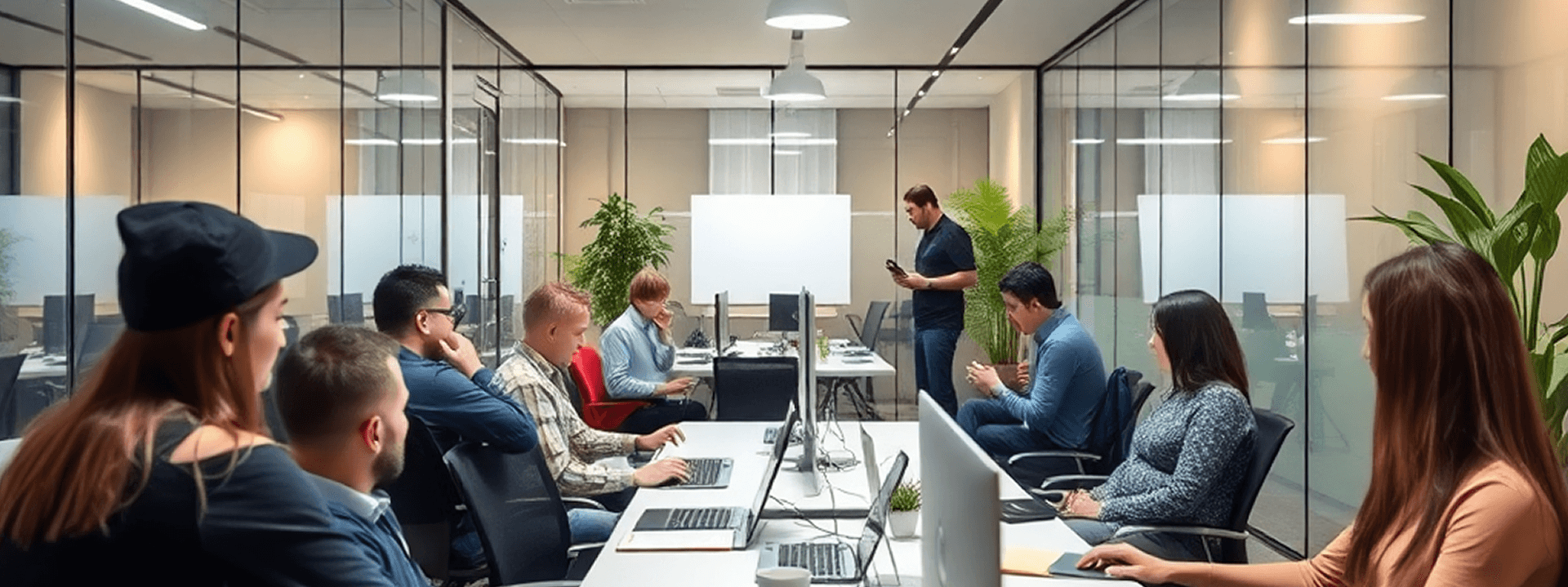 Professionals collaborating in a modern office